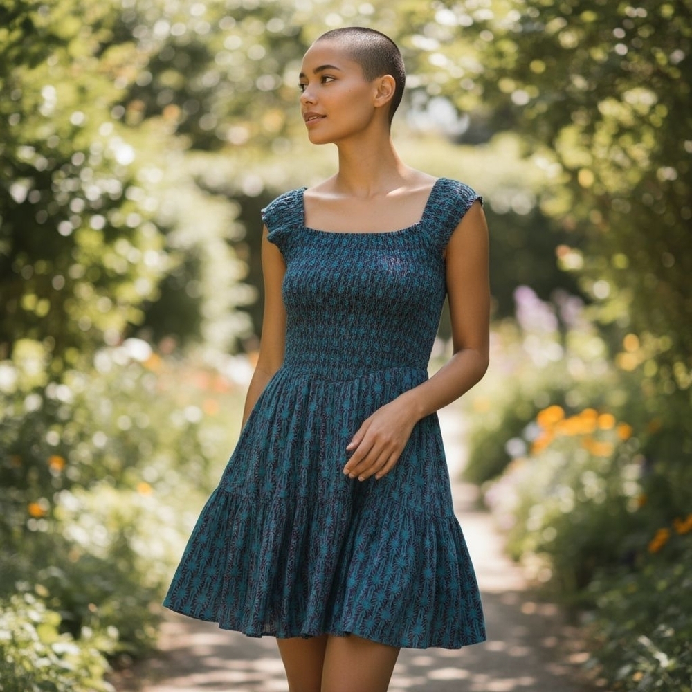 Free People Teal Smocked Tiered Mini Dress Square Neck Cap Sleeve Boho Floral L
